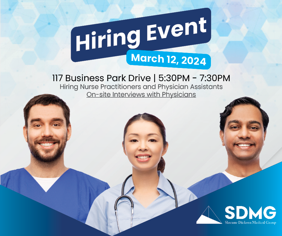 Graphic promoting the SDMG Hiring Event with 3 providers seen