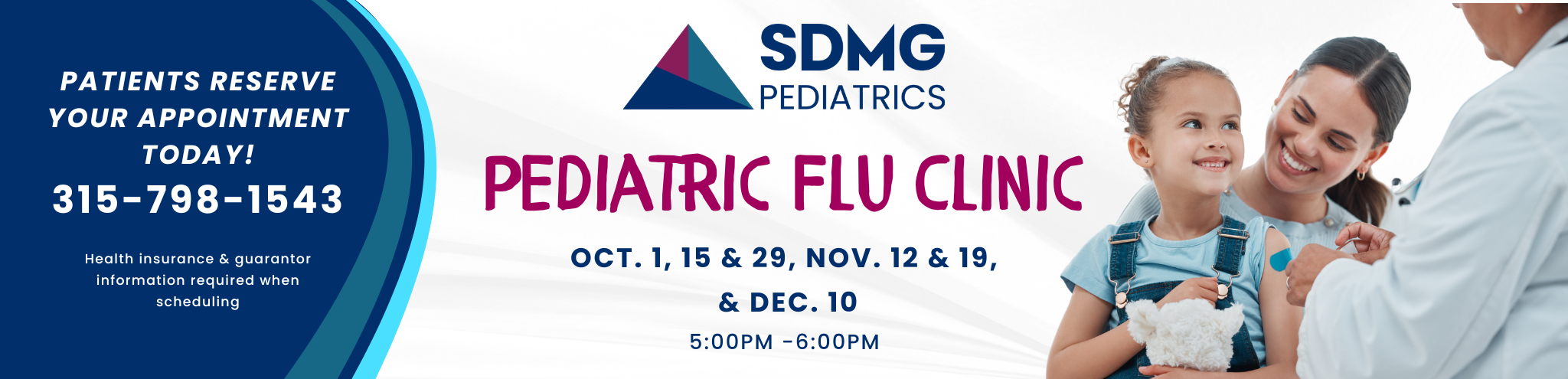 Graphics stating the dates of the Pediatric Flu Clinics. Dates are October 1,15, & 29th, November 12, & 19th, & December 10th. Time is 5pm - 6pm